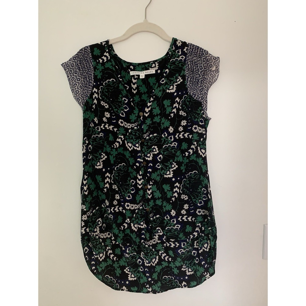 Veronica Beard 100% Silk Blouse Sz 6 Floral Pin Tuck Shoulder Peasant Boho Vacay